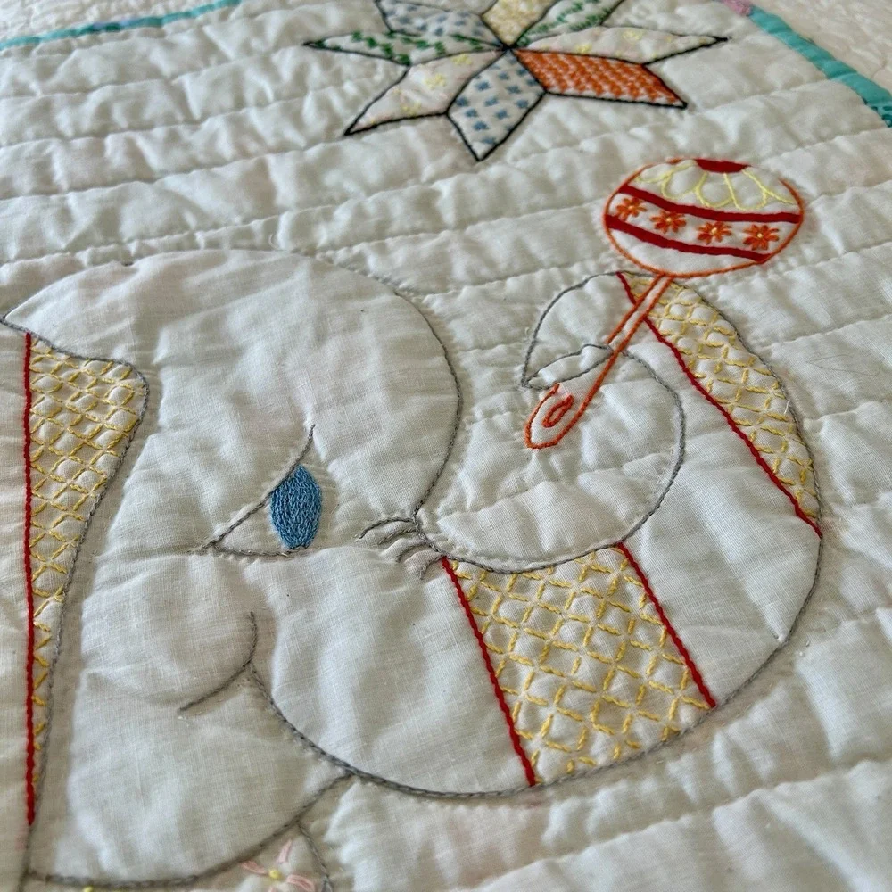 VTG Baby Quilt Hand Embroidered Elephant 39 X 34 Animals Nursery 80s 90s
