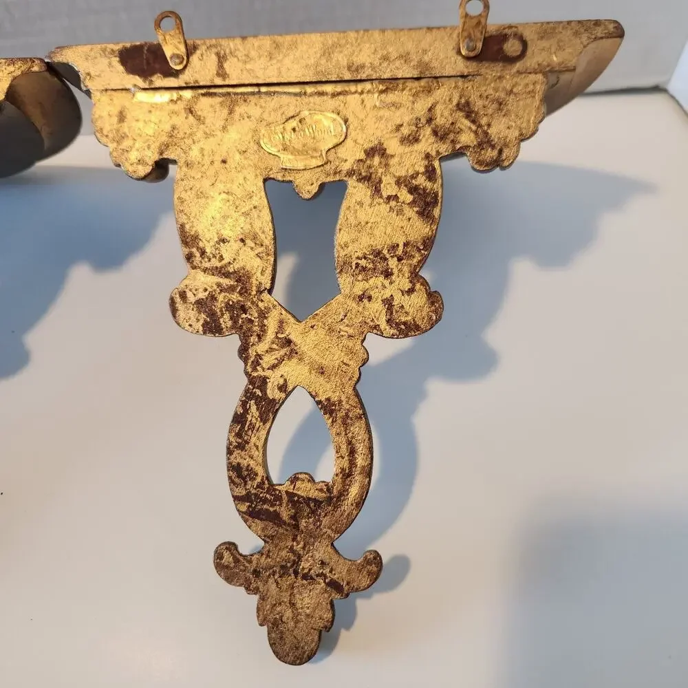 2 Vintage Hollywood Regency 60s Ornate Gold Gilded Weathered Wall Shelf Shelves