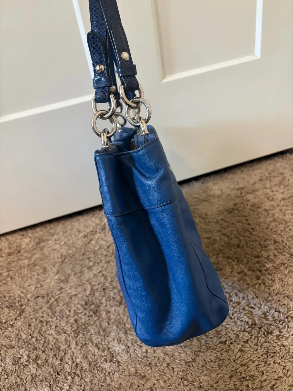 Coach Penelope Cobalt Blue Leather Tote Bag Snakeskin Trim EUC