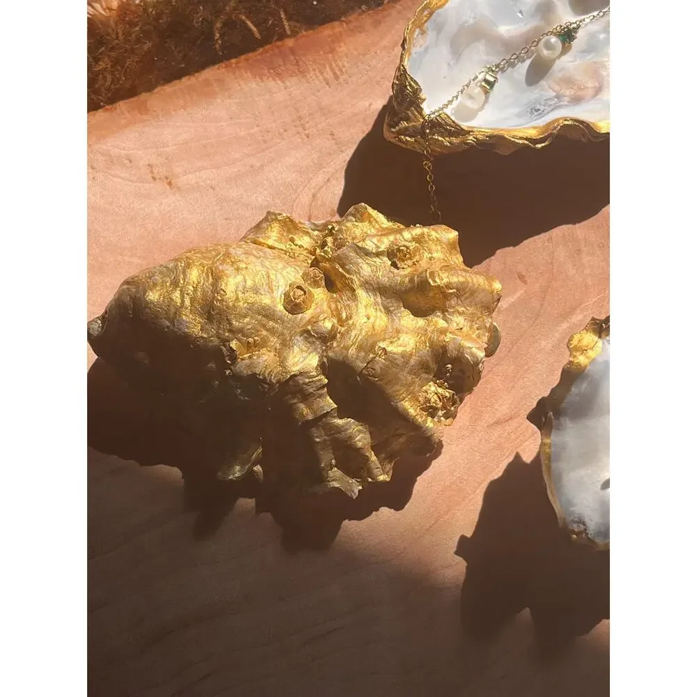 White and Gold Oyster Shell Ring Dish: Coastal Decor Jewelry Holder
