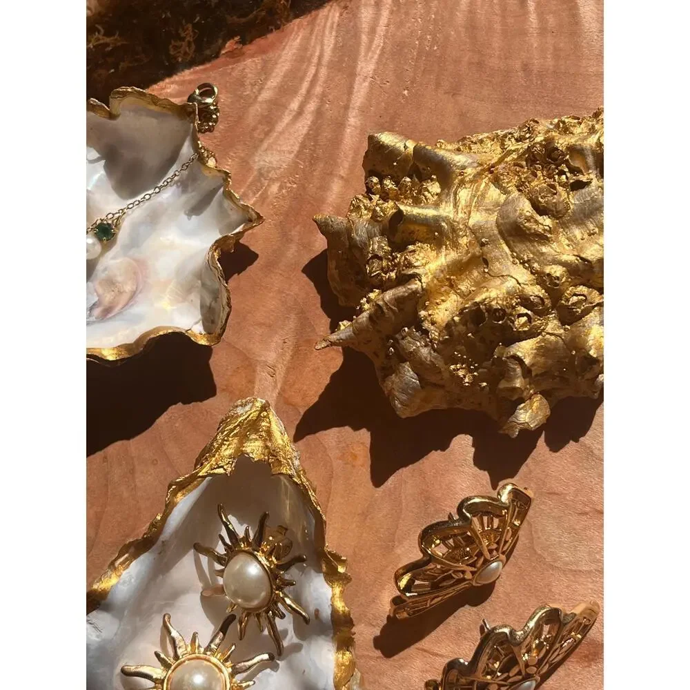 White and Gold Oyster Shell Ring Dish: Coastal Decor Jewelry Holder