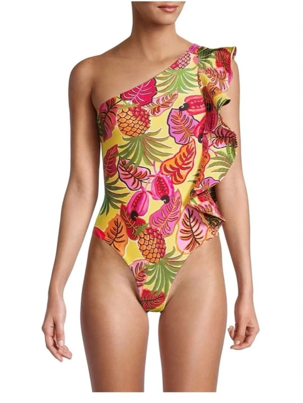 FARM Rio Fruit Dream One Shoulder Ruffle Swimsuit Bikini S Pineapple Tropical
