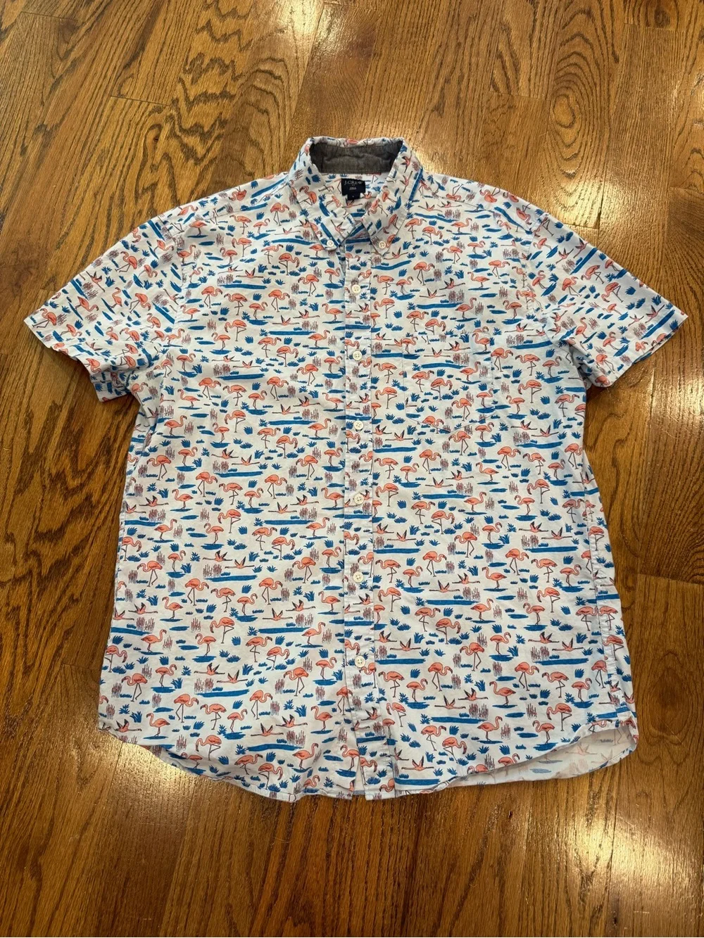 J. Crew Short-sleeve flamingo-print flex casual shirt large