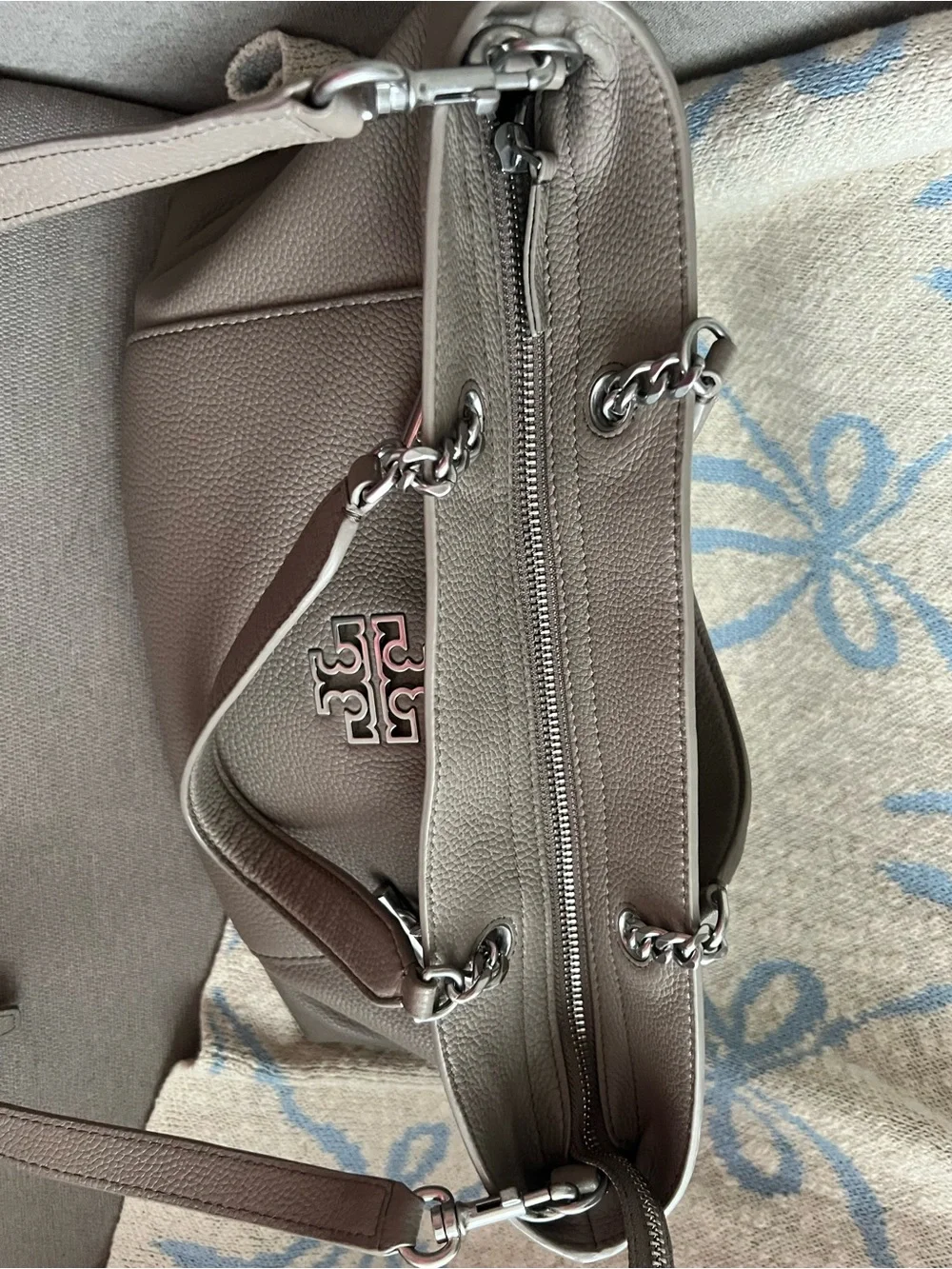 Tory Burch Taupe Pebbled Leather Shoulder Tote with Logo