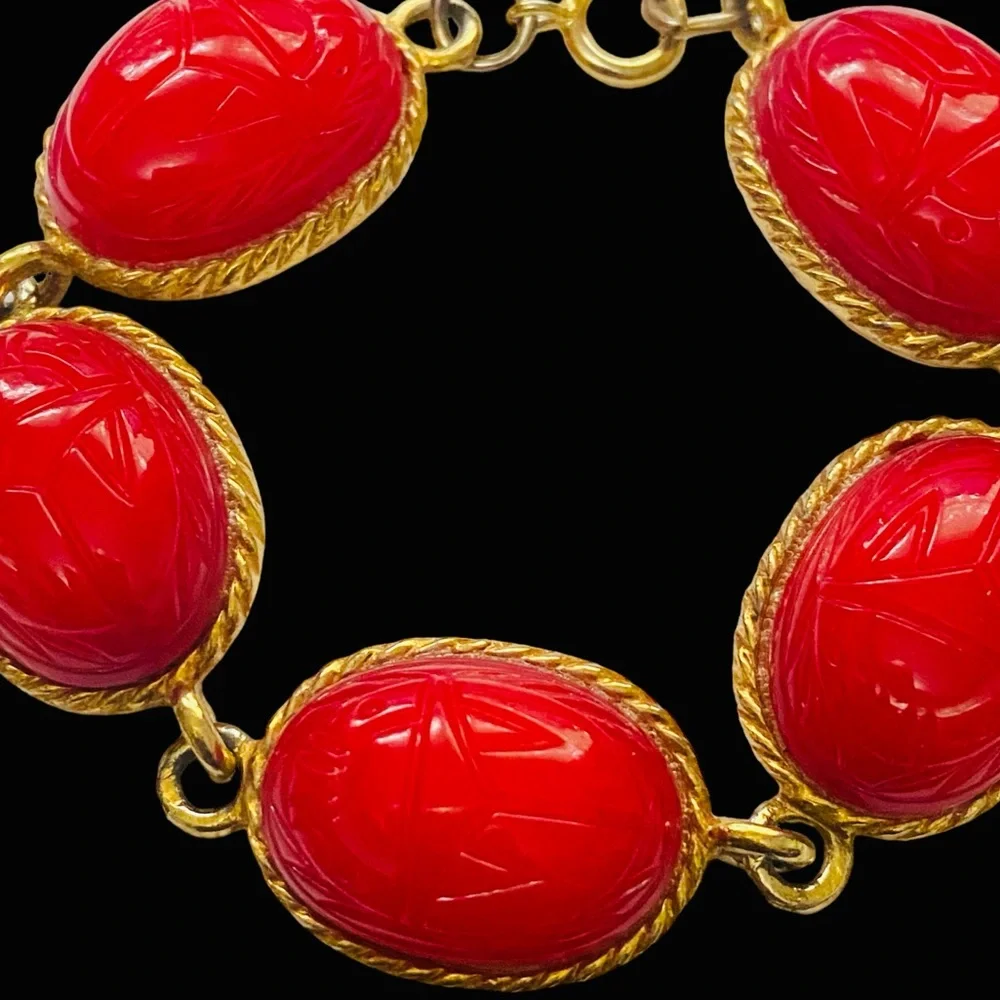 Vintage Red Czech Glass Egyptian Scarab‎ bracelet beetle MCM costume jewelry