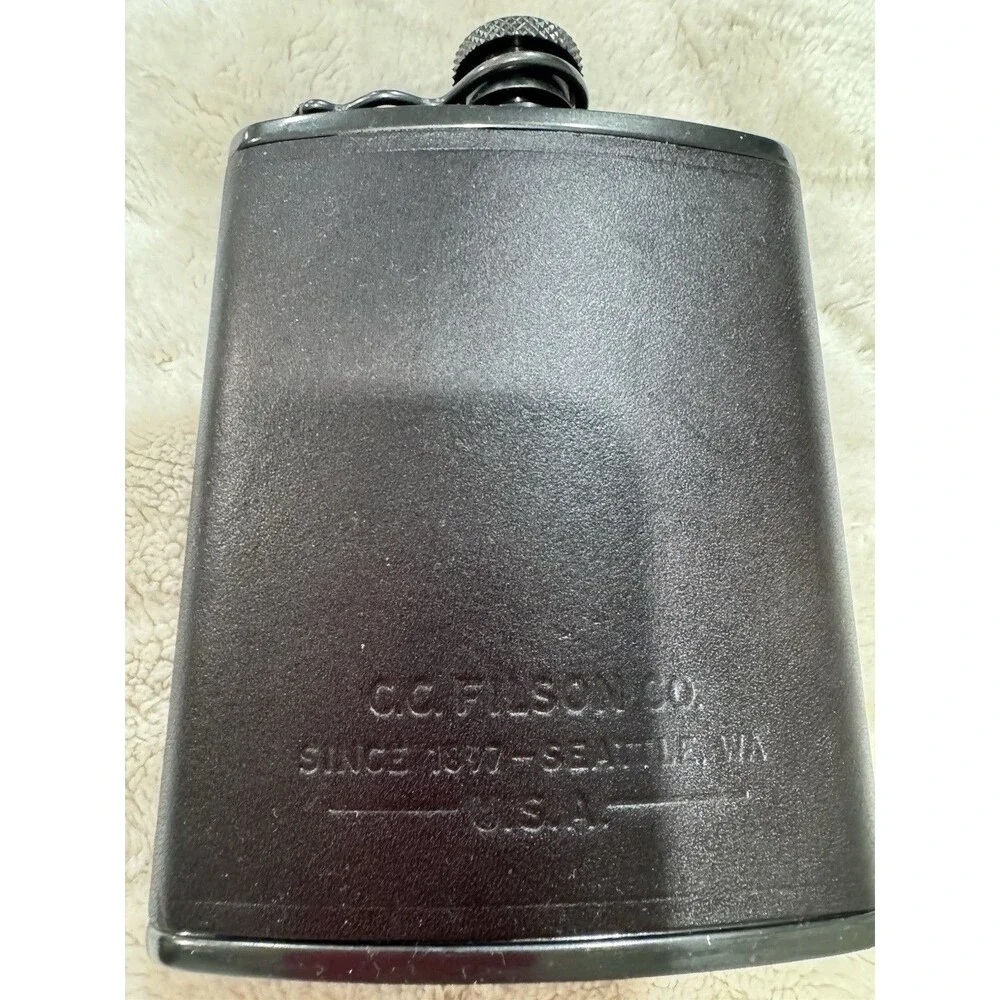 Rare Filson C.C. Filson Co 6oz Black Bridle Leather Stainless Flask Heritage