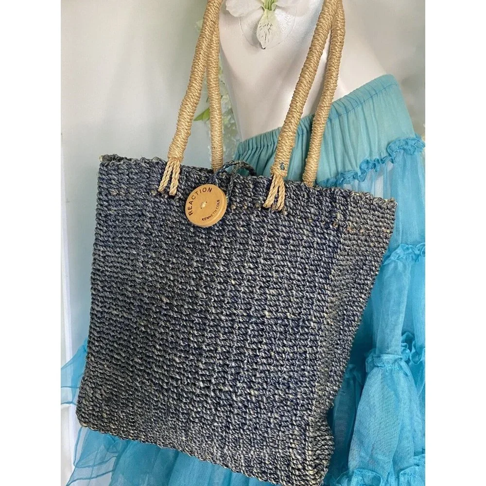 Kenneth Cole Reaction‎ Powder Blue Abaca Straw Logo Shoulder Handbag Vintage EUC