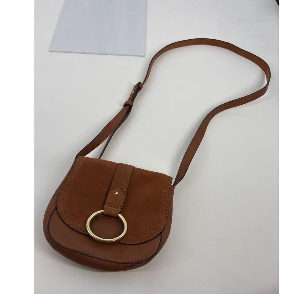 Vince Camuto Brown Leather Crossbody Bag | Mini Saddle Bag w/ Gold Ring Detail