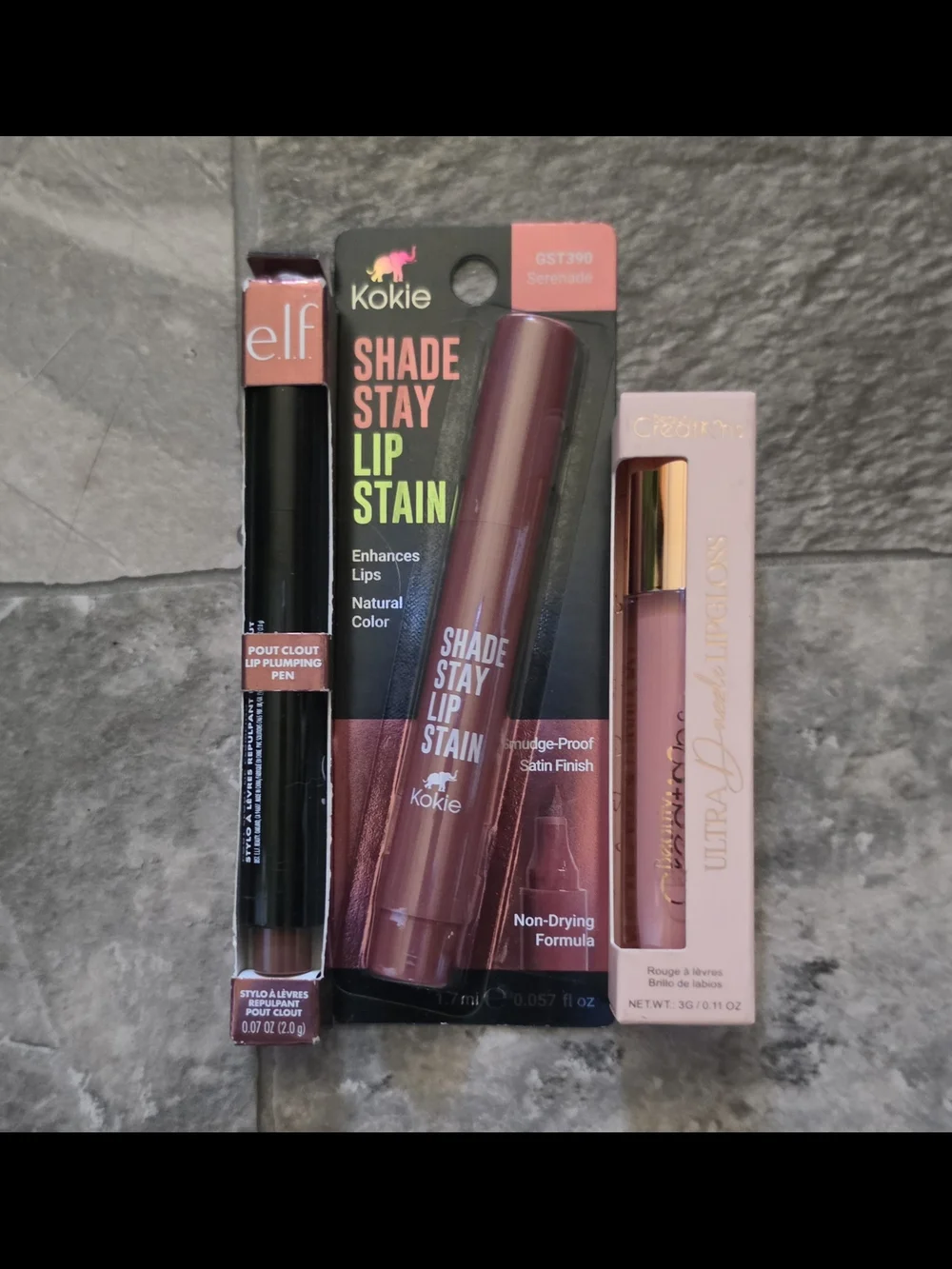 ELF Pout Clout Lip Plumping Pen, Beauty Creations Lip Gloss, Kokie Lip Stain