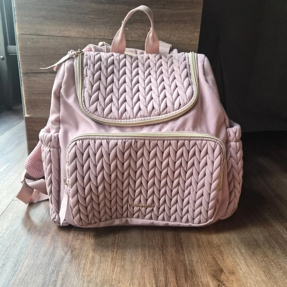 Mommore Diaper Bag Backpack Pink Braided Quilted Travel Bag Puffy Changing Pad