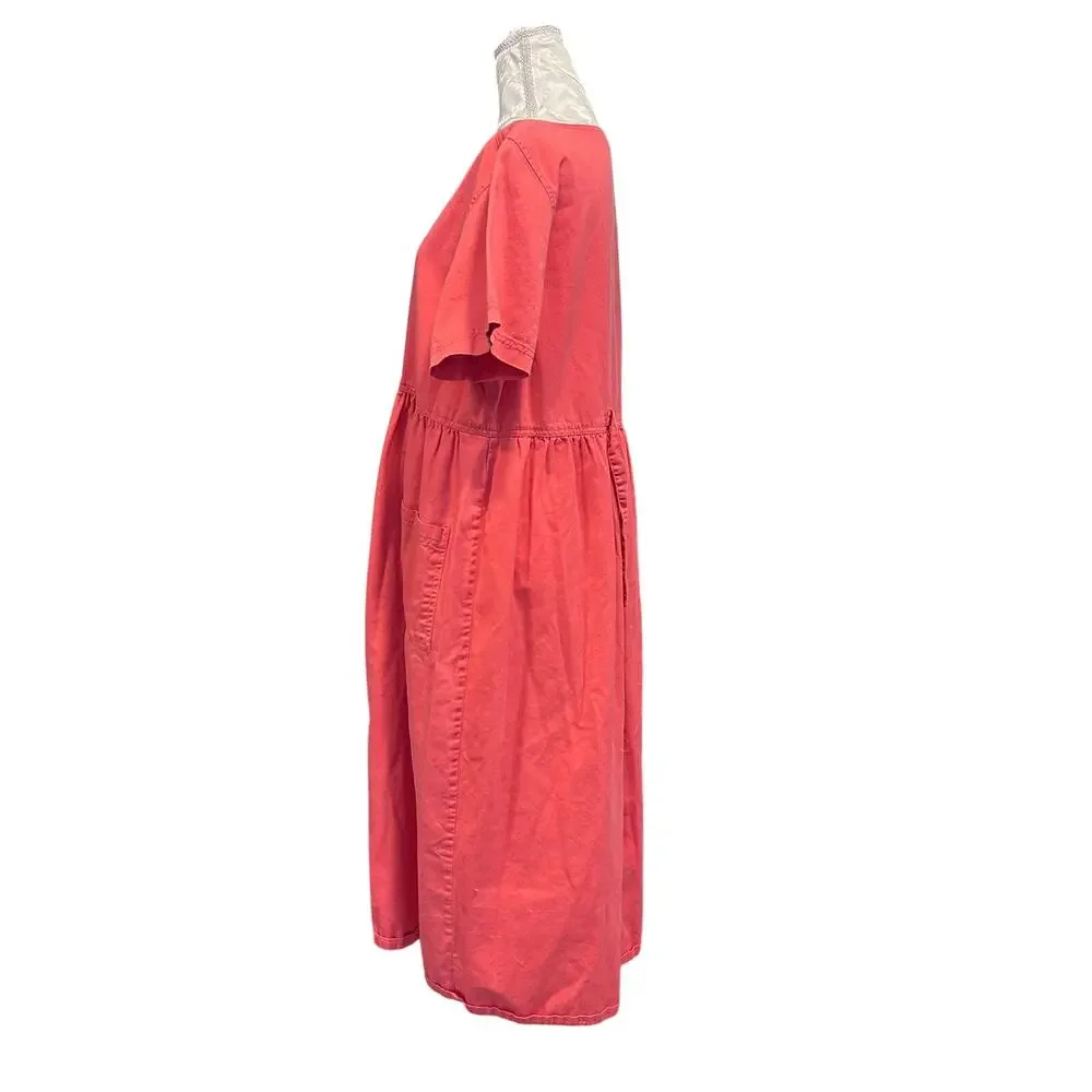 Vintage 90s Coral Cotton Button-Front Empire Waist Midi Dress Cottagecore XL