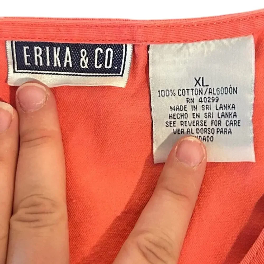 Vintage 90s Coral Cotton Button-Front Empire Waist Midi Dress Cottagecore XL