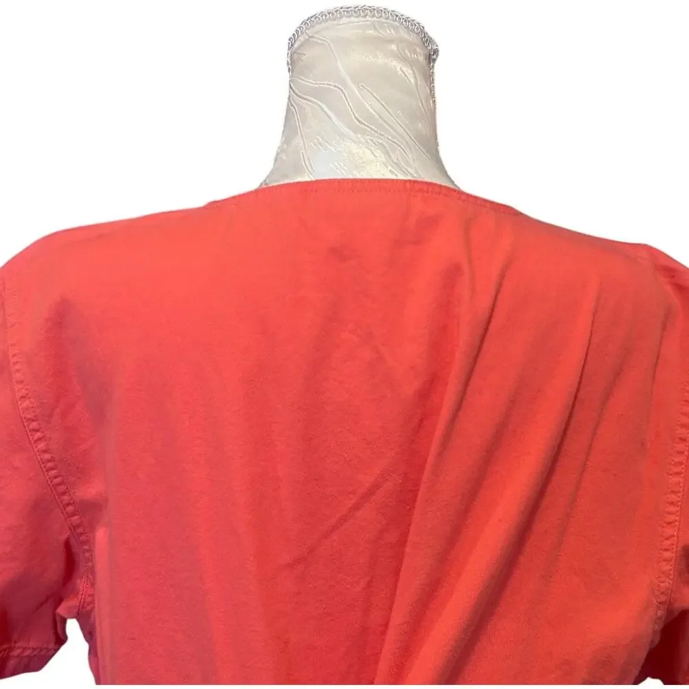 Vintage 90s Coral Cotton Button-Front Empire Waist Midi Dress Cottagecore XL
