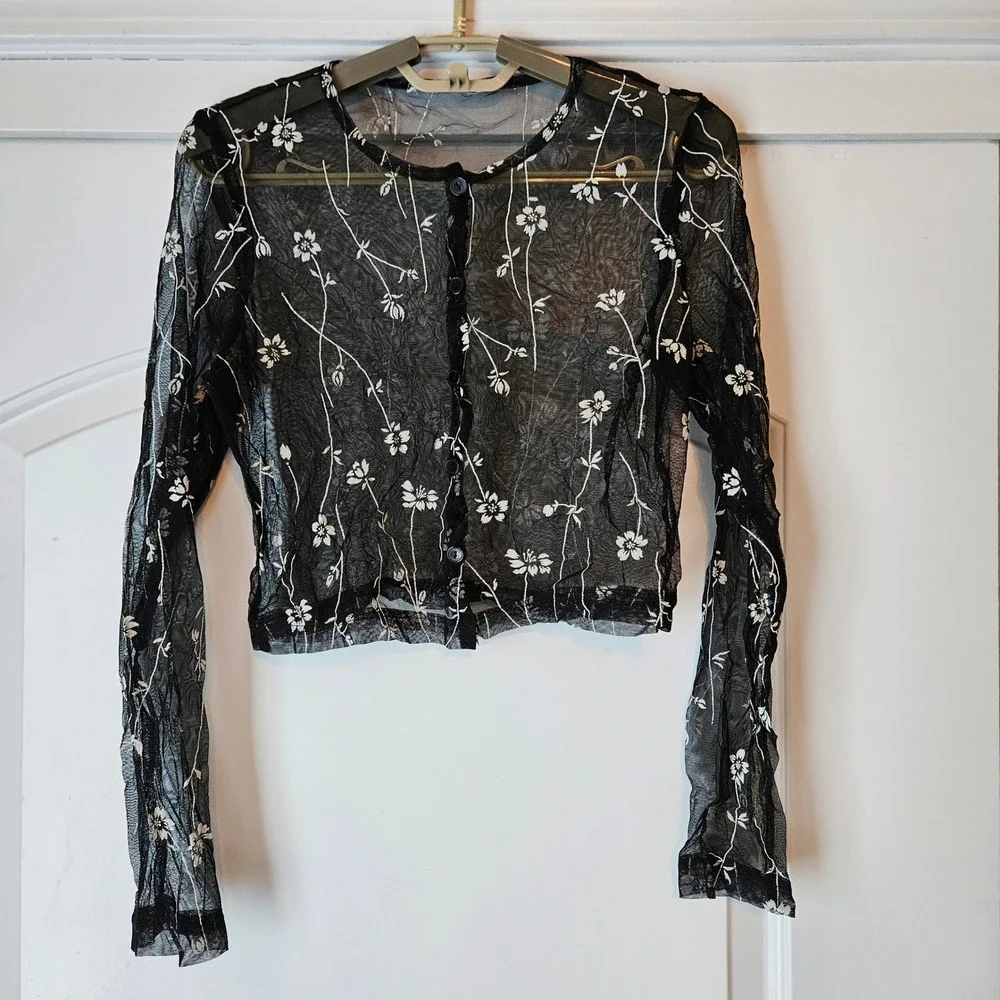 Sheer Black Floral Mesh Cropped Cardigan Top Womens Fairy Grunge Goth‎ Festival