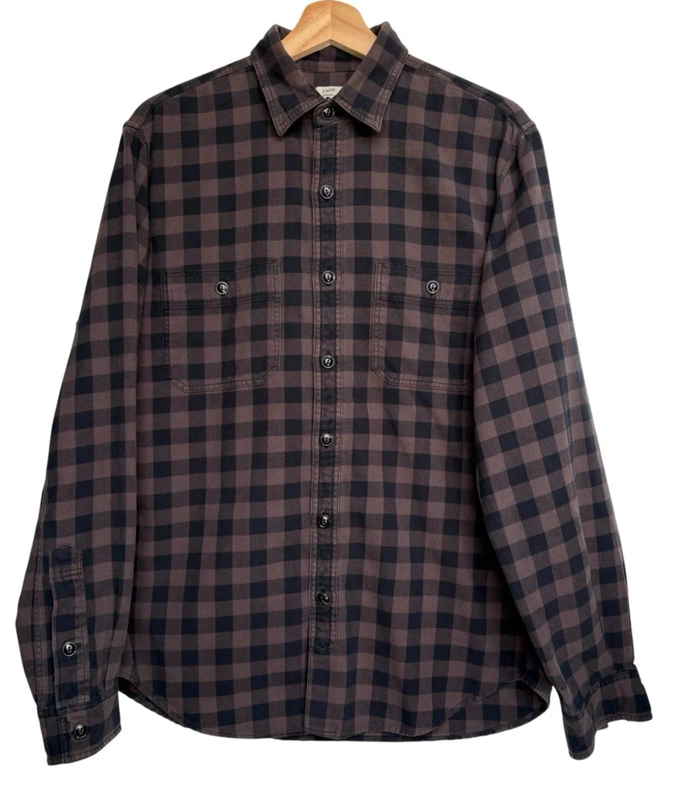 J CREW Buffalo Plaid Cotton Flannel Shirt Brown Black Button Up Mens M Casual