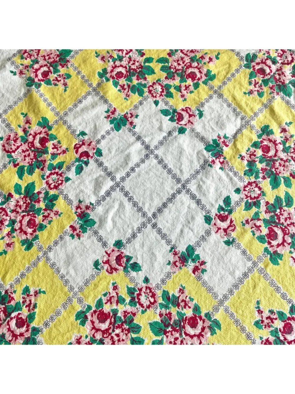 Vintage Cotton Floral Tablecloth 49x47 Square // Yellow Pink Green // Startex