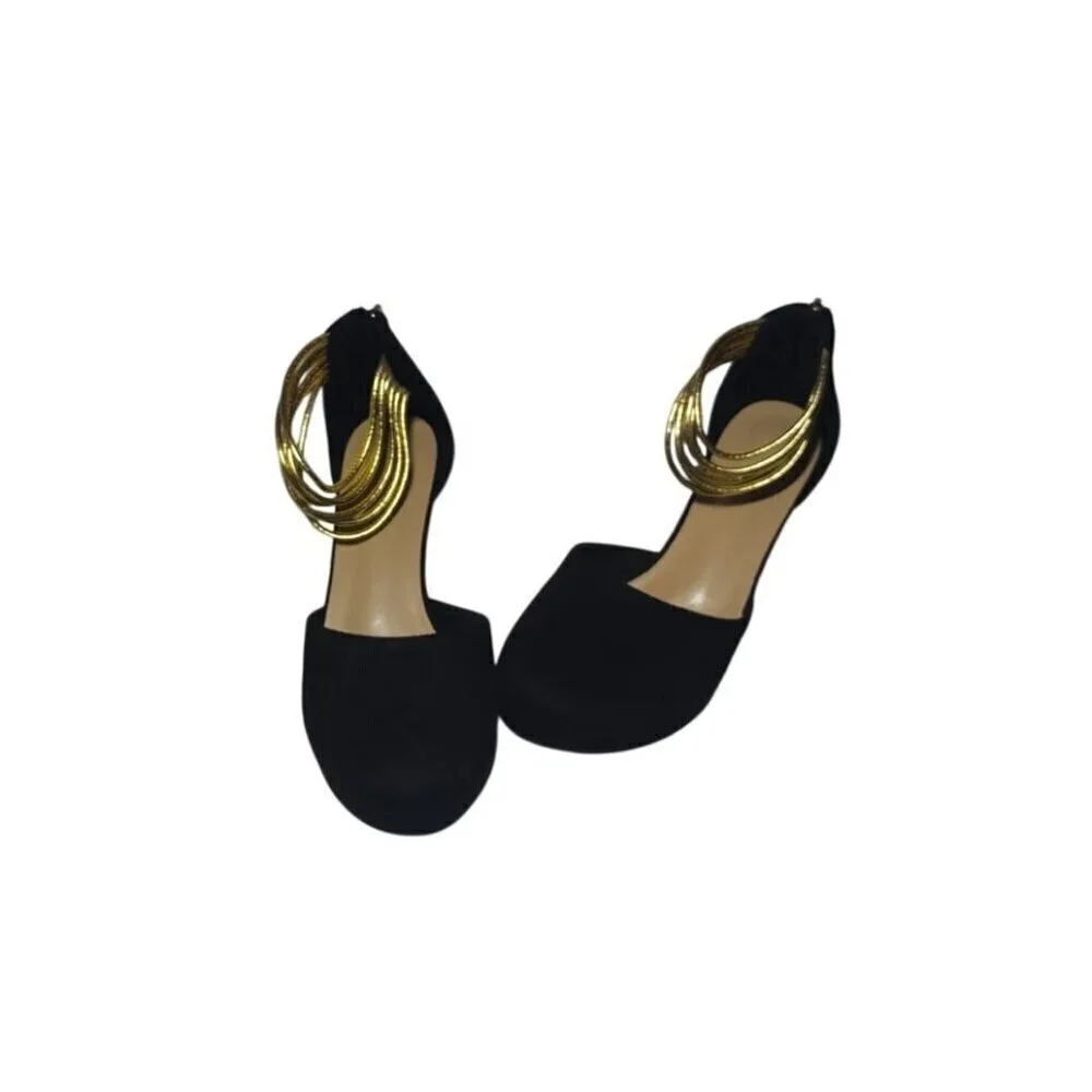 Black high-heeled sandals with ankle straps and gold details, size 38.