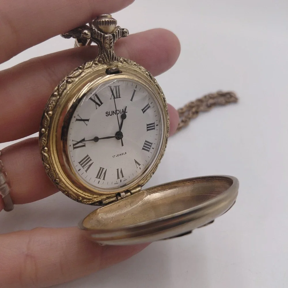 Vintage Sundial 17 Jewels Pocket Watch Etched Design Chain Not Working