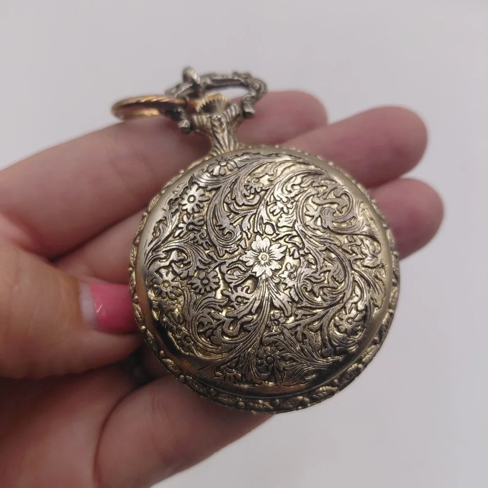 Vintage Sundial 17 Jewels Pocket Watch Etched Design Chain Not Working