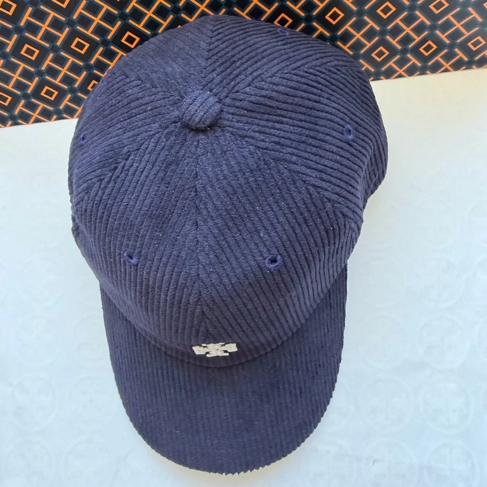 Tory Burch Corduroy Logo Cap Hat Tory Navy Blue