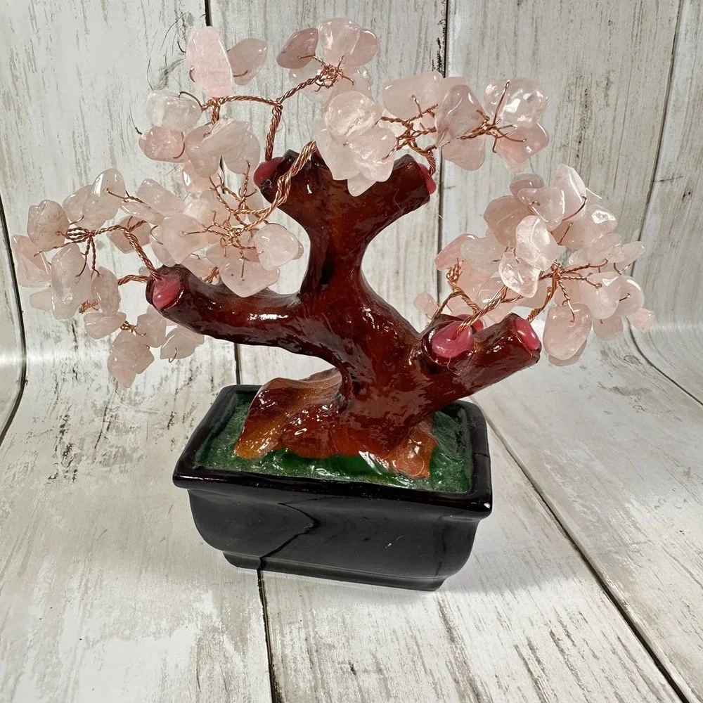 Feng Shui Natural Rose Pink Quartz Crystal Money Tree Bonsai Style Decoration Fo