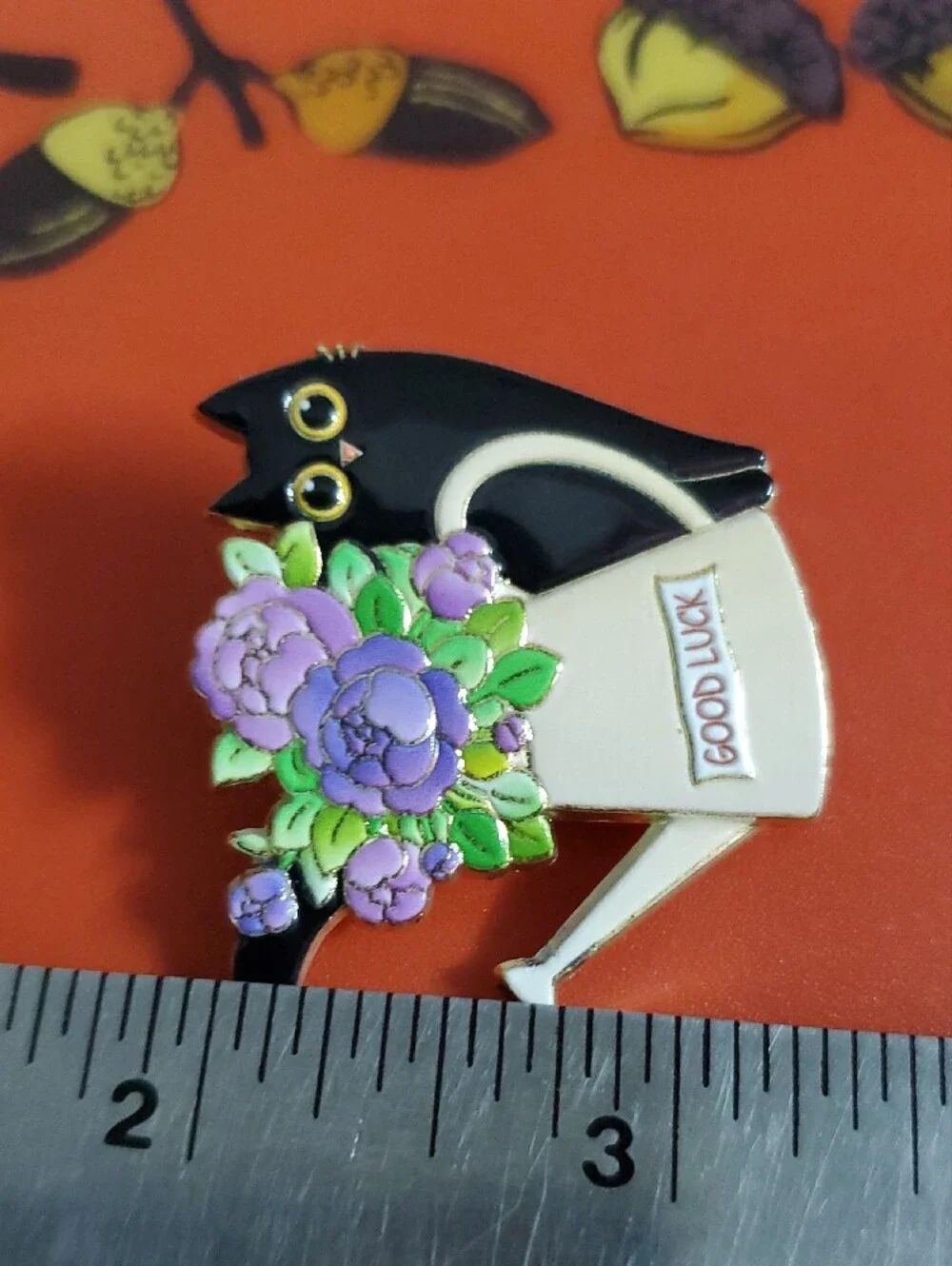 Good Luck Black Cat Enamel Pin with Lavender Flowers