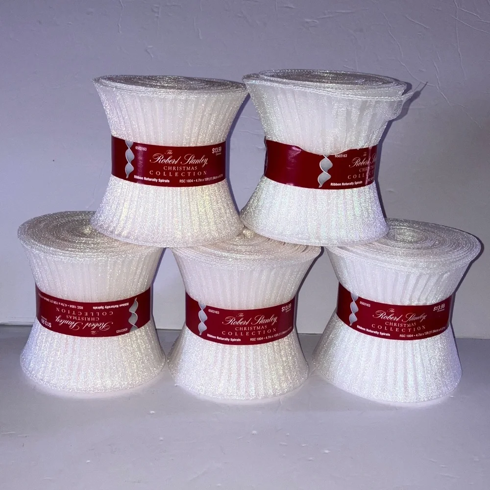 White Iridescent Sparkle Spiral Ribbon‎ Set 5 Rolls 4.7” wide 15’ long each