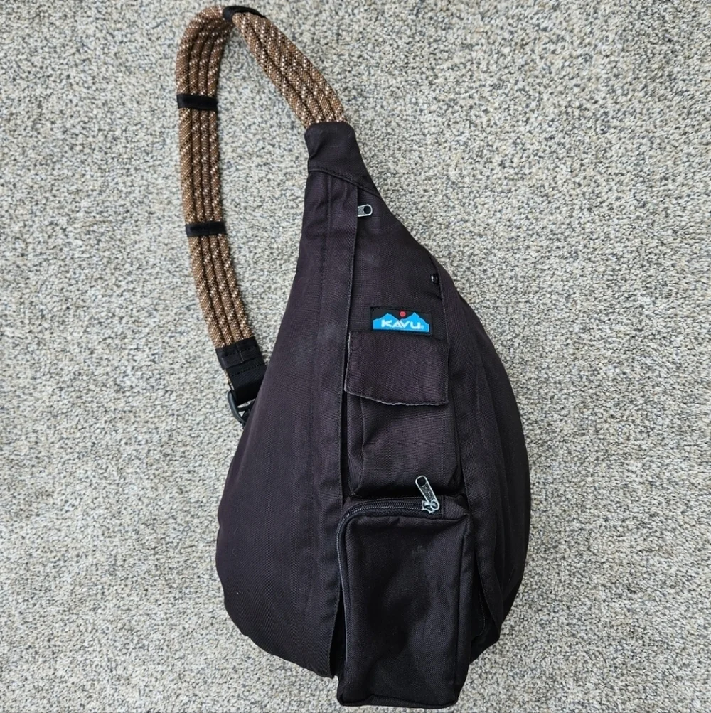 Kavu Rope Sling Bag Hiking One Shoulder Backpack Black Brown Travel Outdoor Bag