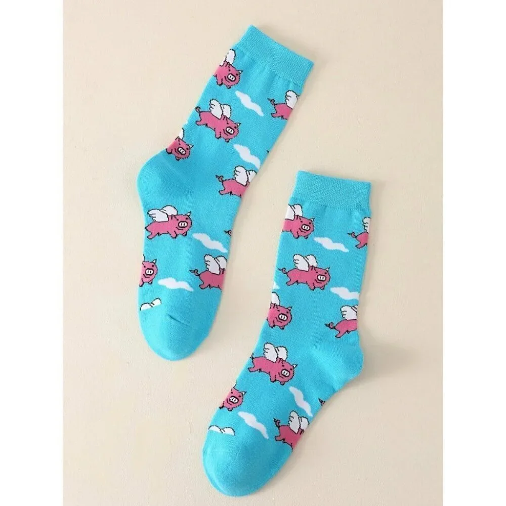 1pair Women's Fashionable Mid-calf Socks Cartoon Pig Pattern Crew Socks