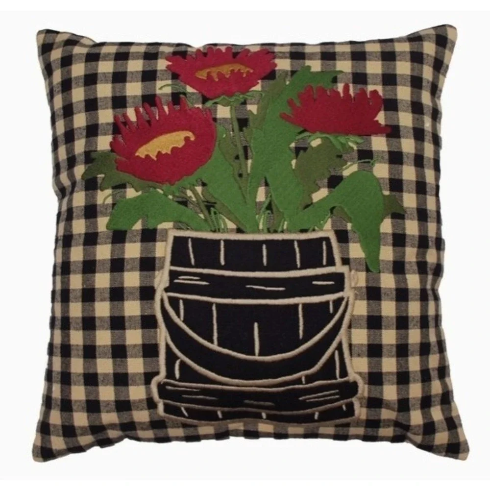 Primitive Flowers‎ in Firkin Pillow Black Plaid Red Flowers 14