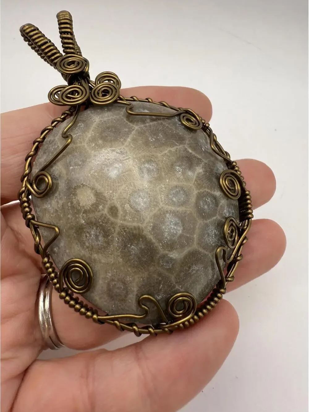 Large Handcrafted Wire Wrapped Petoskey Stone Pendant Amulet
