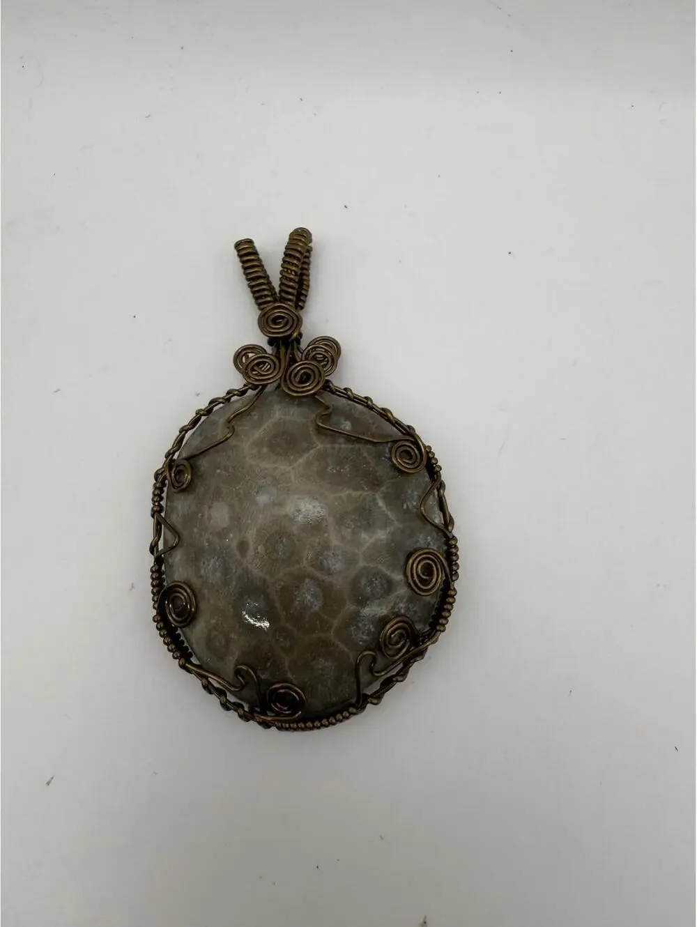 Large Handcrafted Wire Wrapped Petoskey Stone Pendant Amulet
