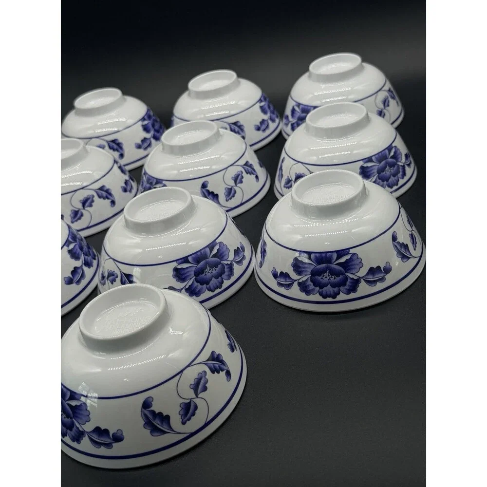 Set of 10 Tai-Hong Melamine Bowls Blue White Lotus Flower Chinese Stackable
