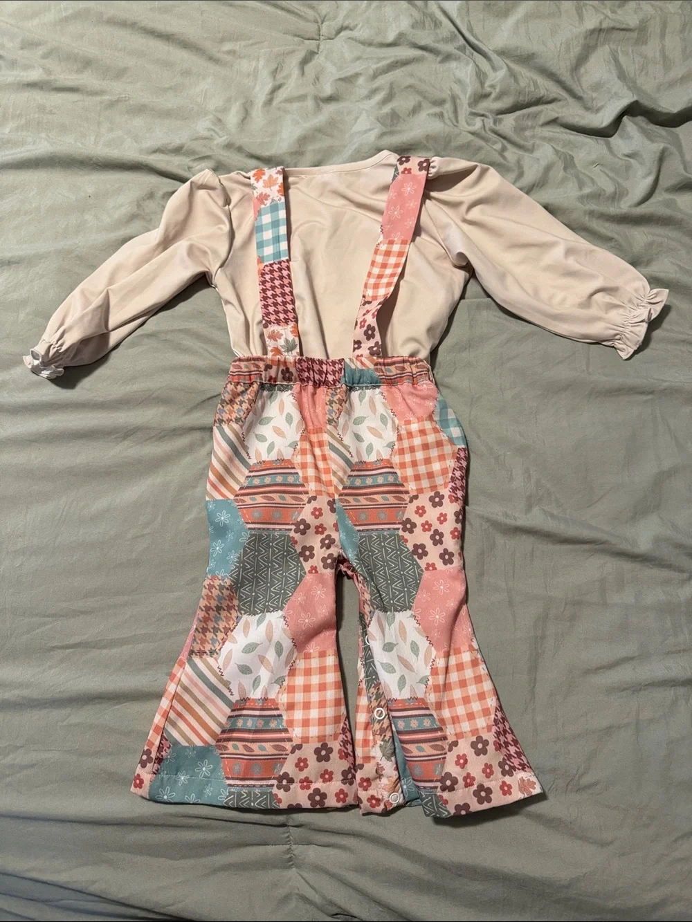 Kids Patchwork Overalls Set in Cream and Coral