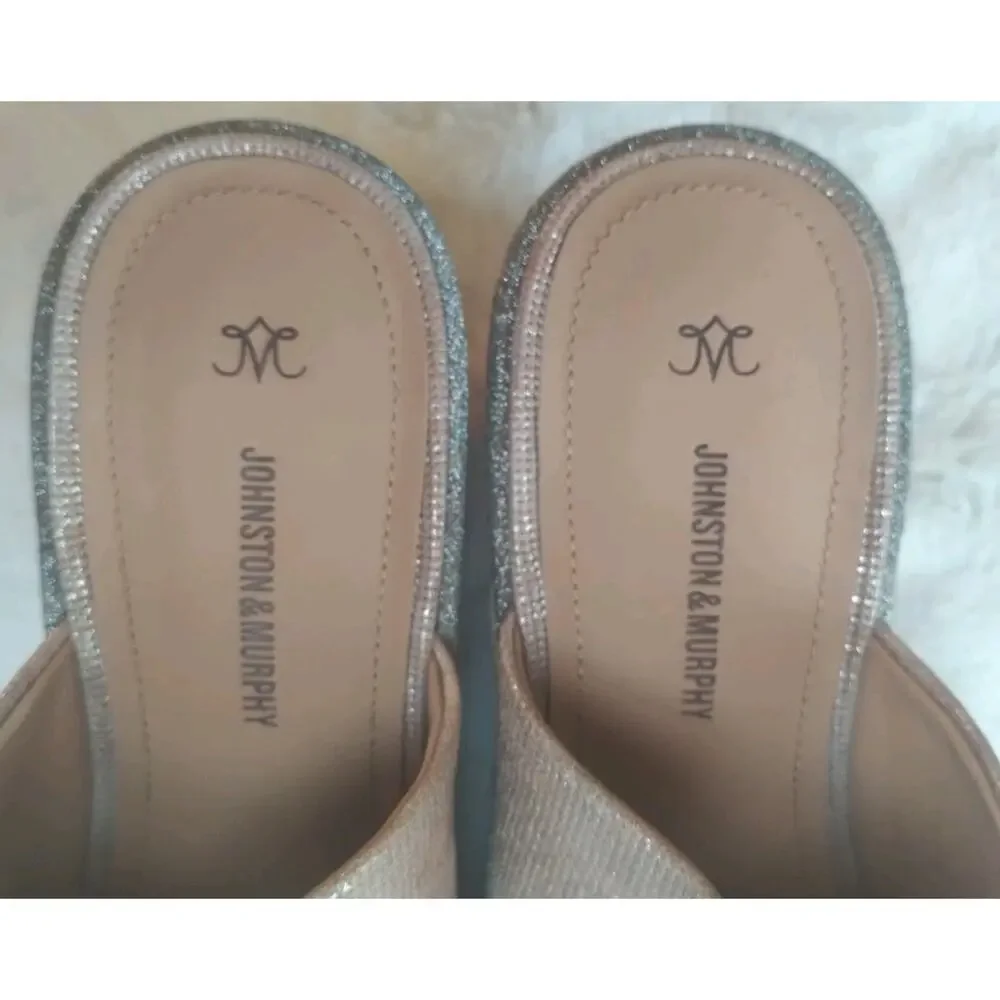 Johnston And Murphy NEW Jade Metallic Suede Cork Wedge Heel Slip On Sandal 7M