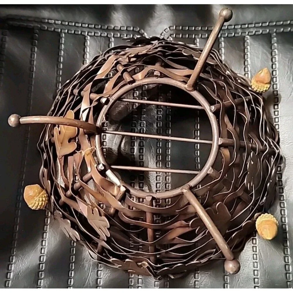 Large Heavy Woven Copper Footed Bowl Decor Basket Adorned With 3 Acorns 10”