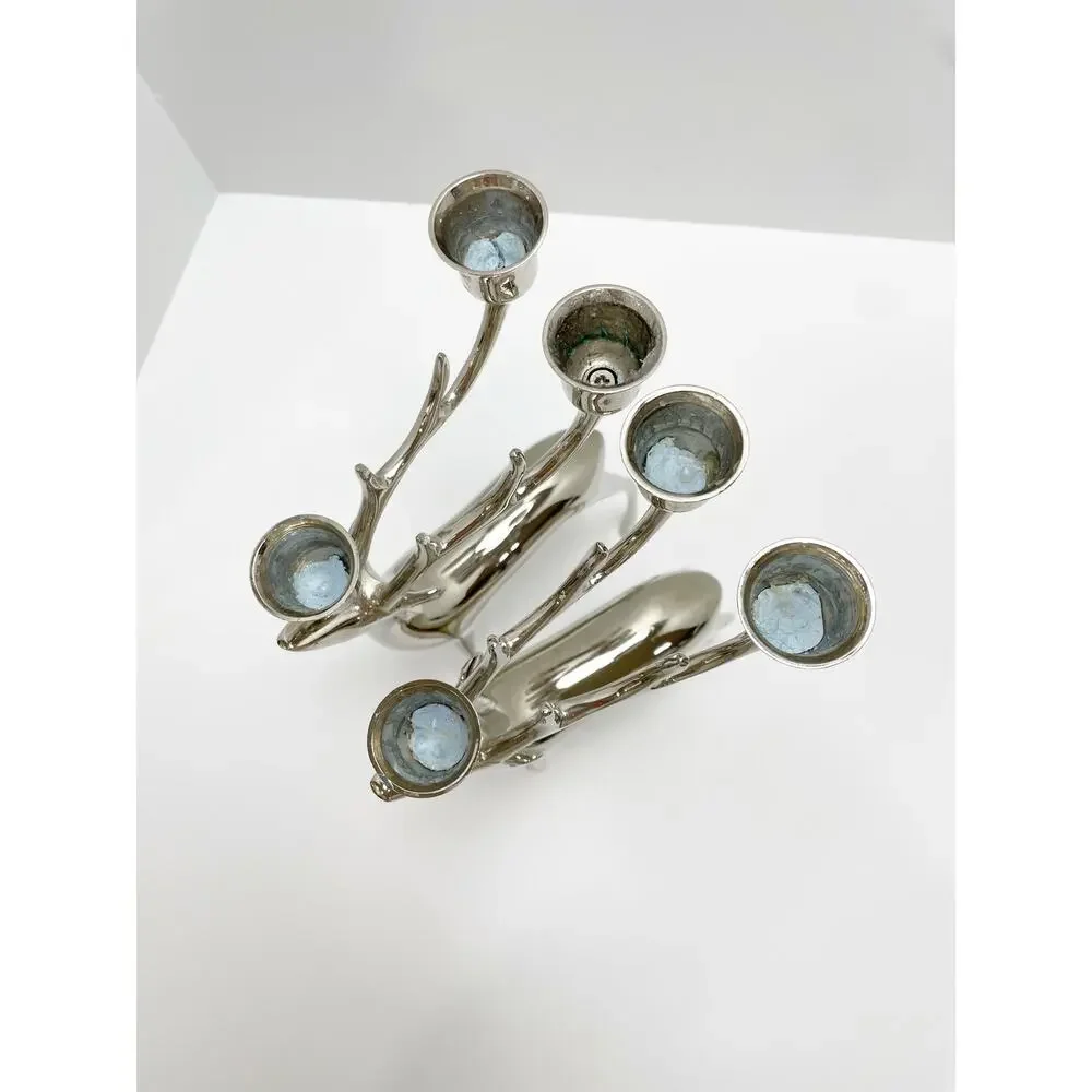 Pottery Barn Reindeer Candelabra Candles Sliver Stick Holder Holds 3 Christmas