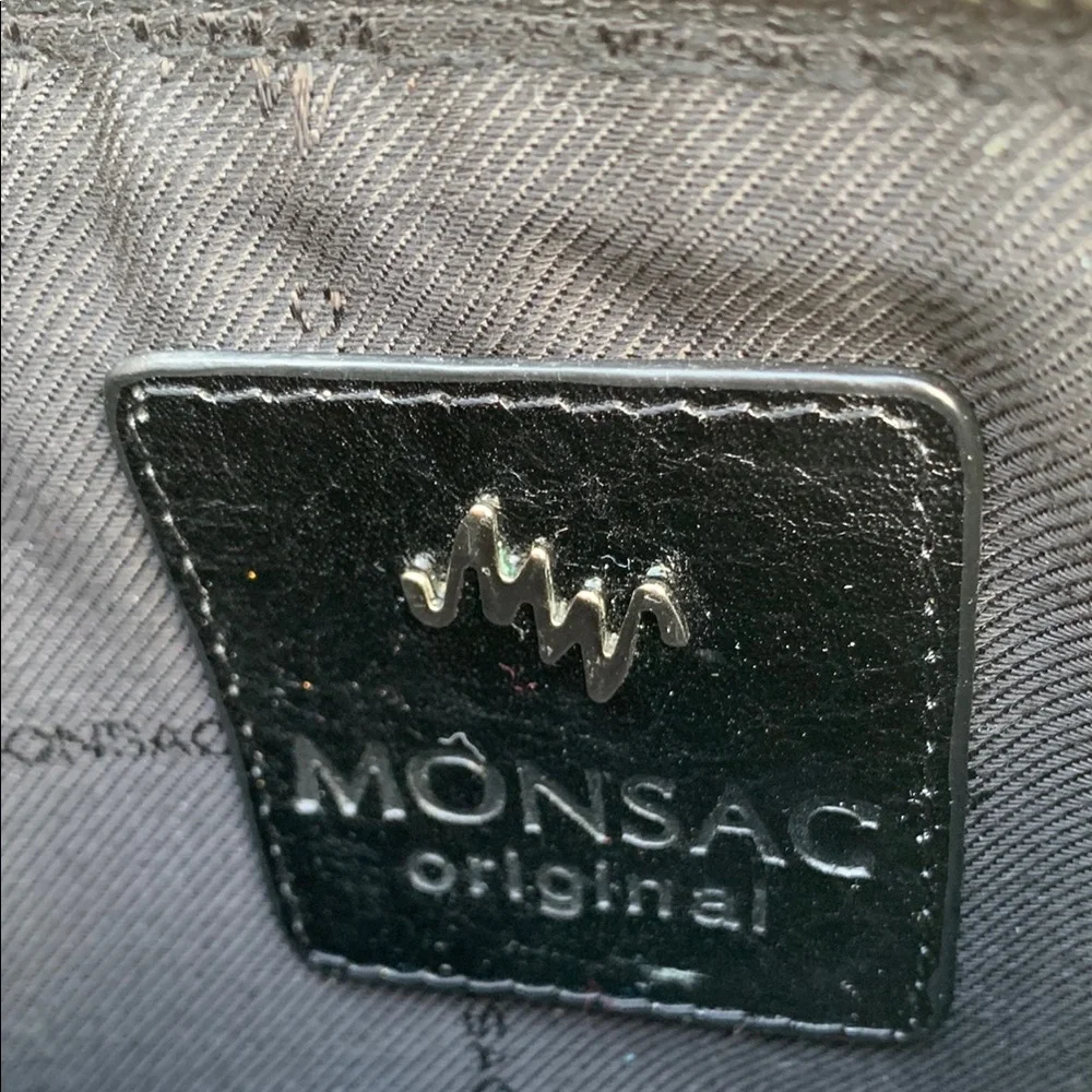 MONSAC Black and Tan Clutch Leather Trim Zip Top Vintage