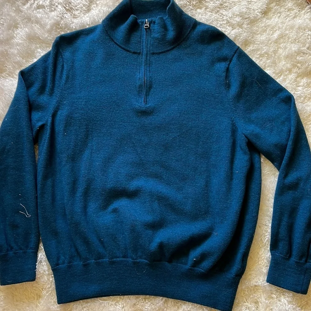 JCrew men’s 3/4 zip royal blue wool sweater . Says XL but would fit Med-LG