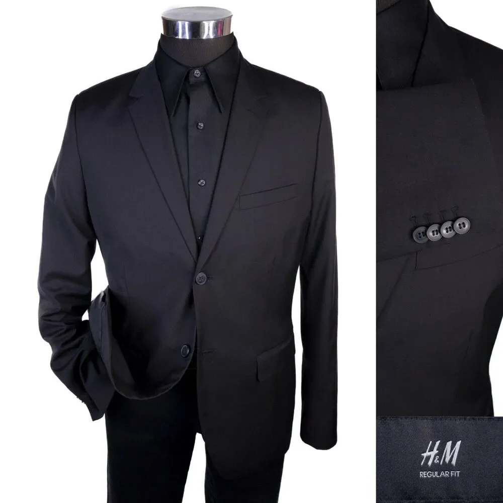 H&M Mens Blazer Jacket Size 42R Slim Fit Black Sport Coat Two Button Poly