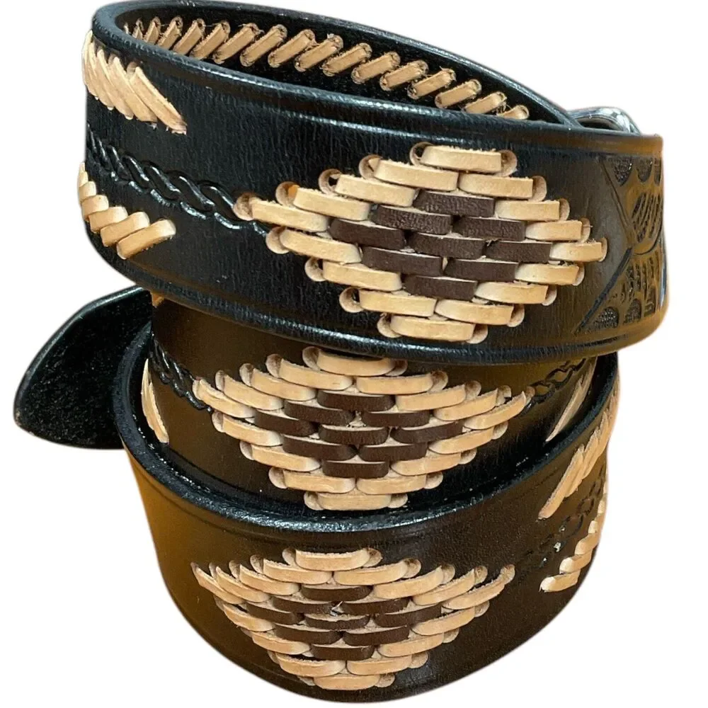 Black Leather‎ Mens 36 Western Belt Tan Brown Stitching Southwest Rodeo Cowboy