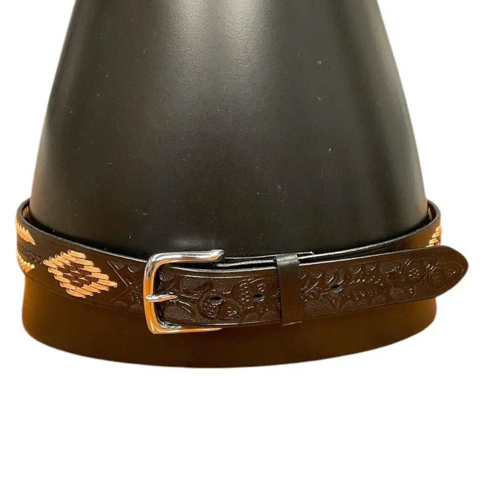 Black Leather‎ Mens 36 Western Belt Tan Brown Stitching Southwest Rodeo Cowboy