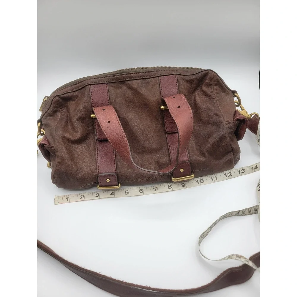 Fossil Brown Leather Satchel Crossbody Bag Brass Hardware Turn Lock Key Charm