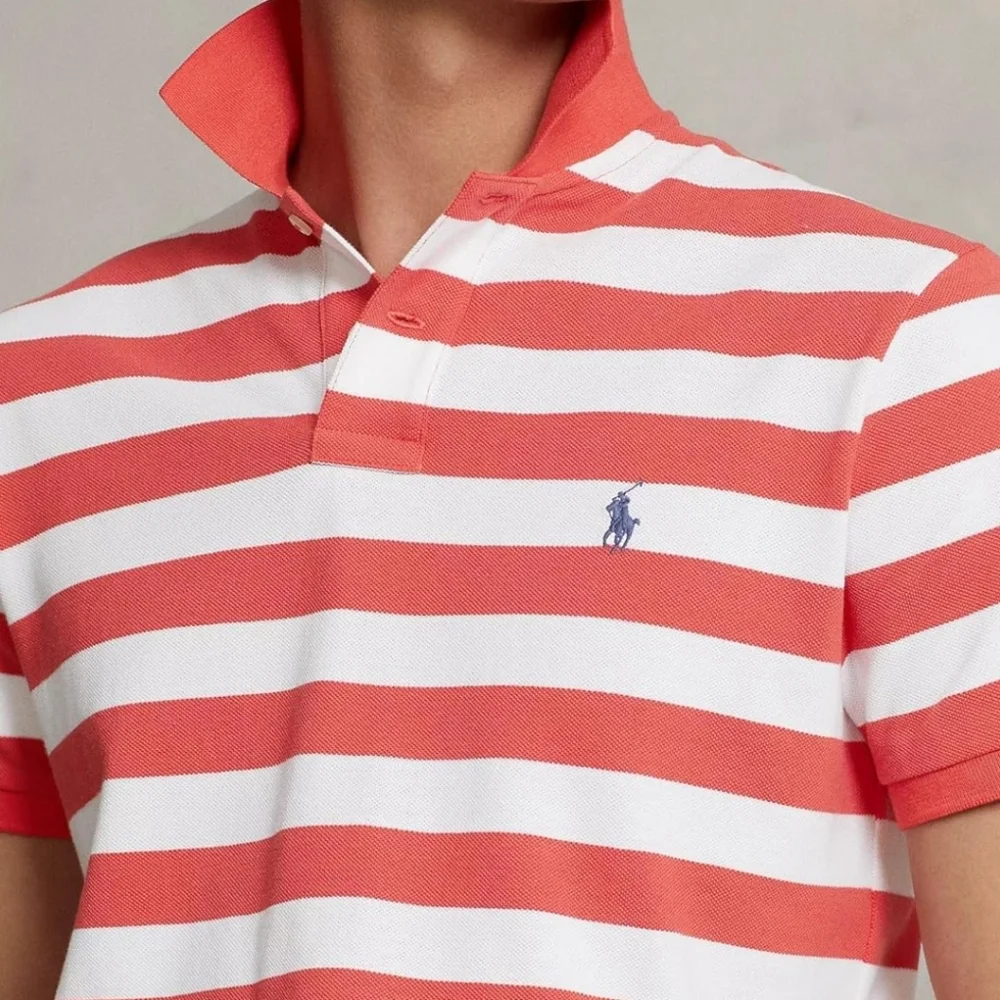 Polo Ralph Lauren Men Classic Fit Red & White Bold Striped Mesh Polo Shi…
