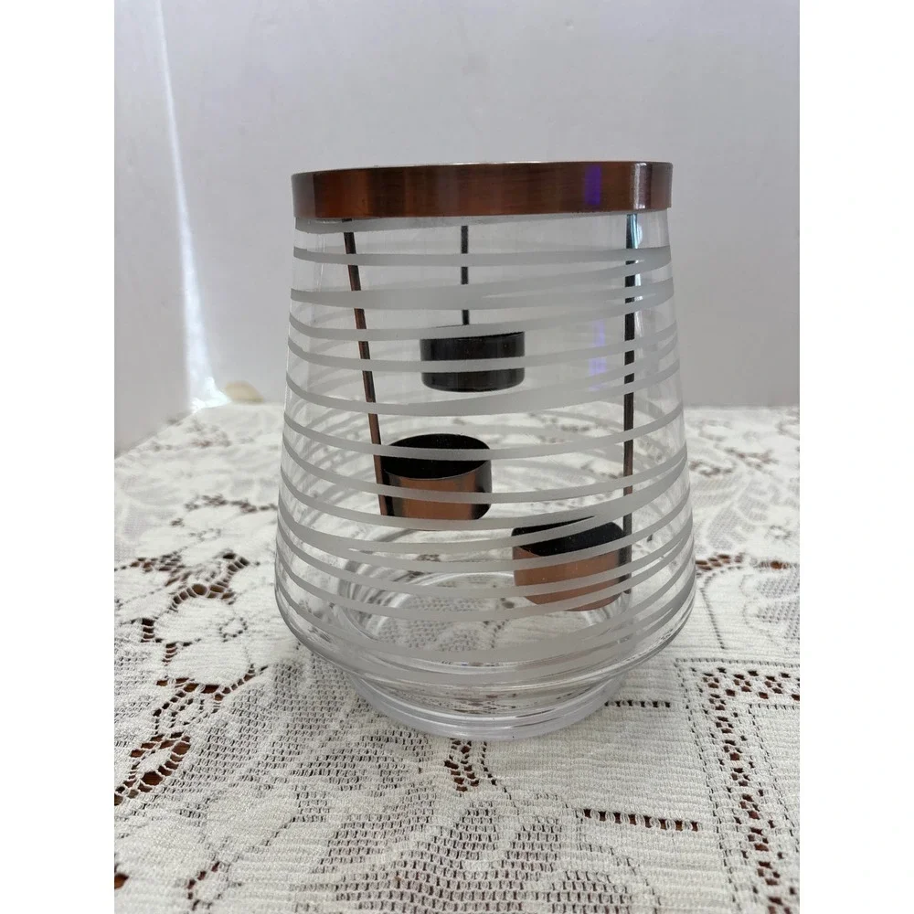 Frosted Stripe Glass Hurricane Candle Holder with 3 Tea Light Copper Insert 7