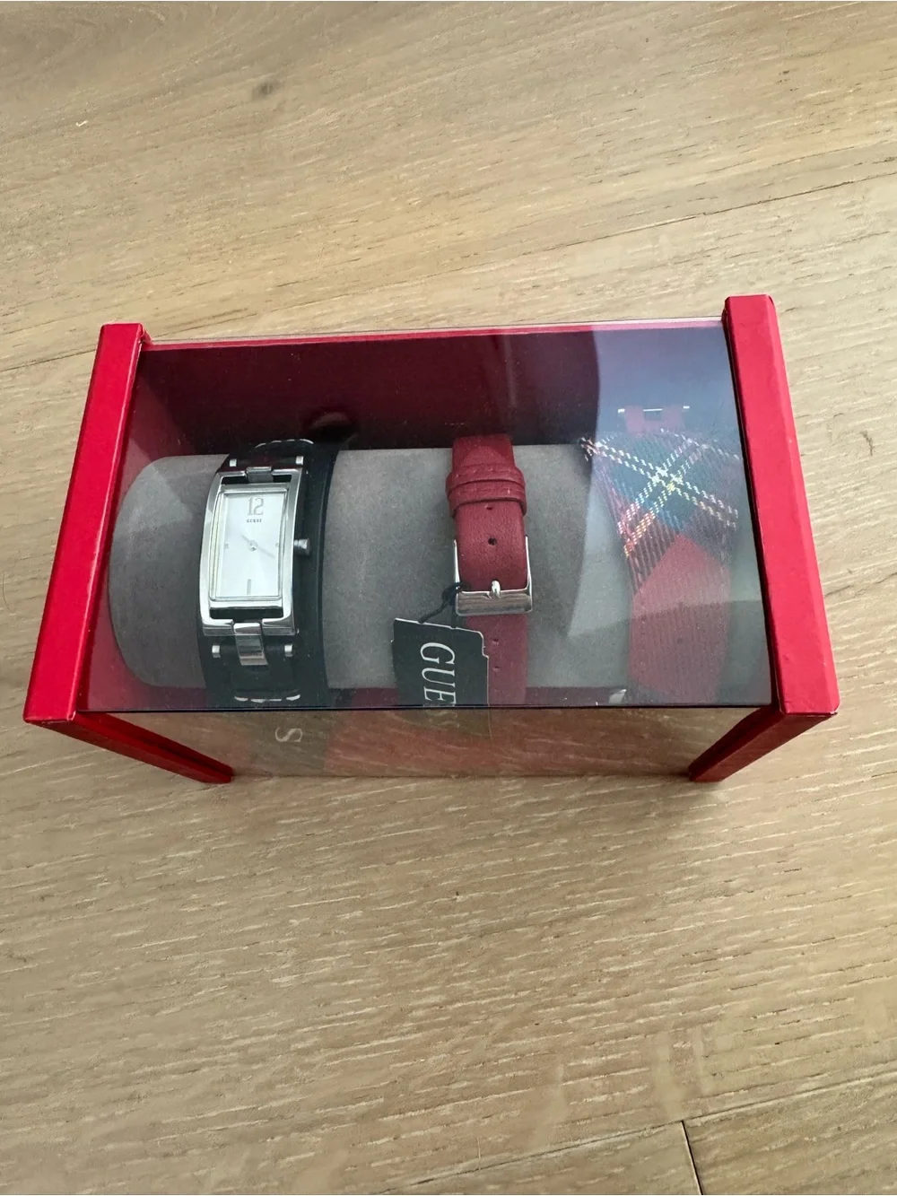NWT Guess Women's Silver-Tone Watch with Black Bracelet and Red Strap Set