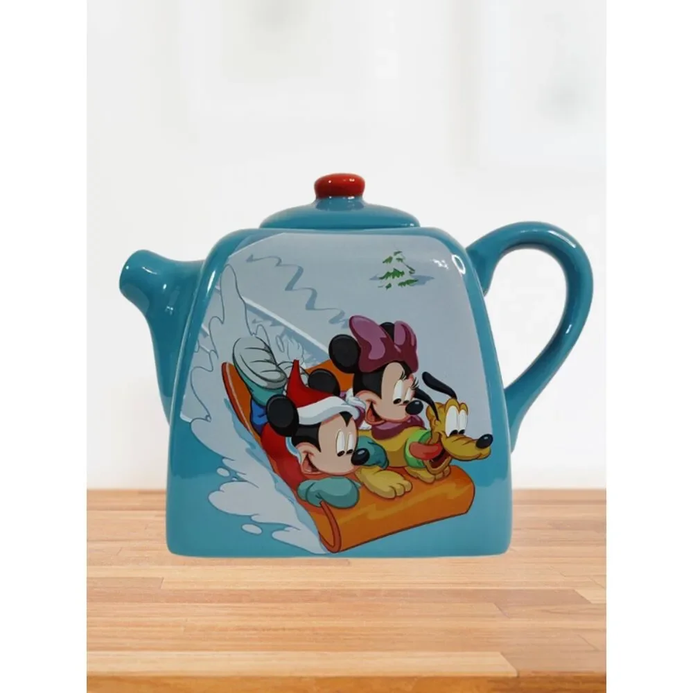 DISNEY Mickey Mouse Mini Ceramic Tea Pot Winter Scene Hot Cocoa Minnie Pluto
