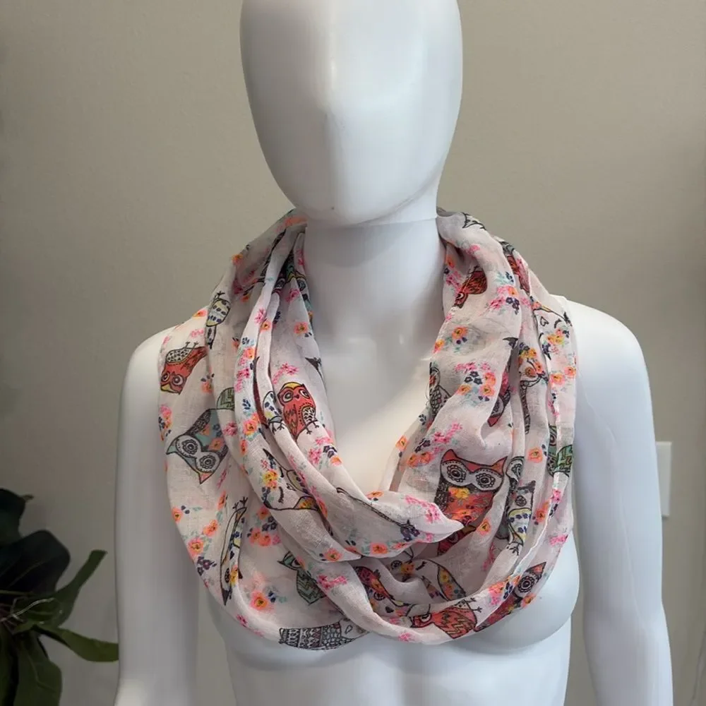 Owl Animal Print Sheer Gauze Infinity Scarf White & Neon colorful Whimsical