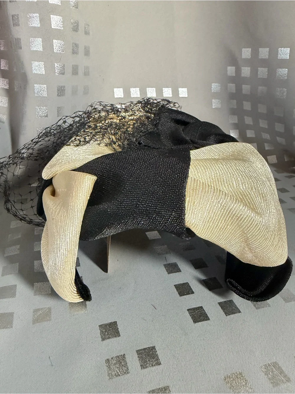 Vintage Black and Cream Fascinator Pillbox Hat with Birdcage Veil