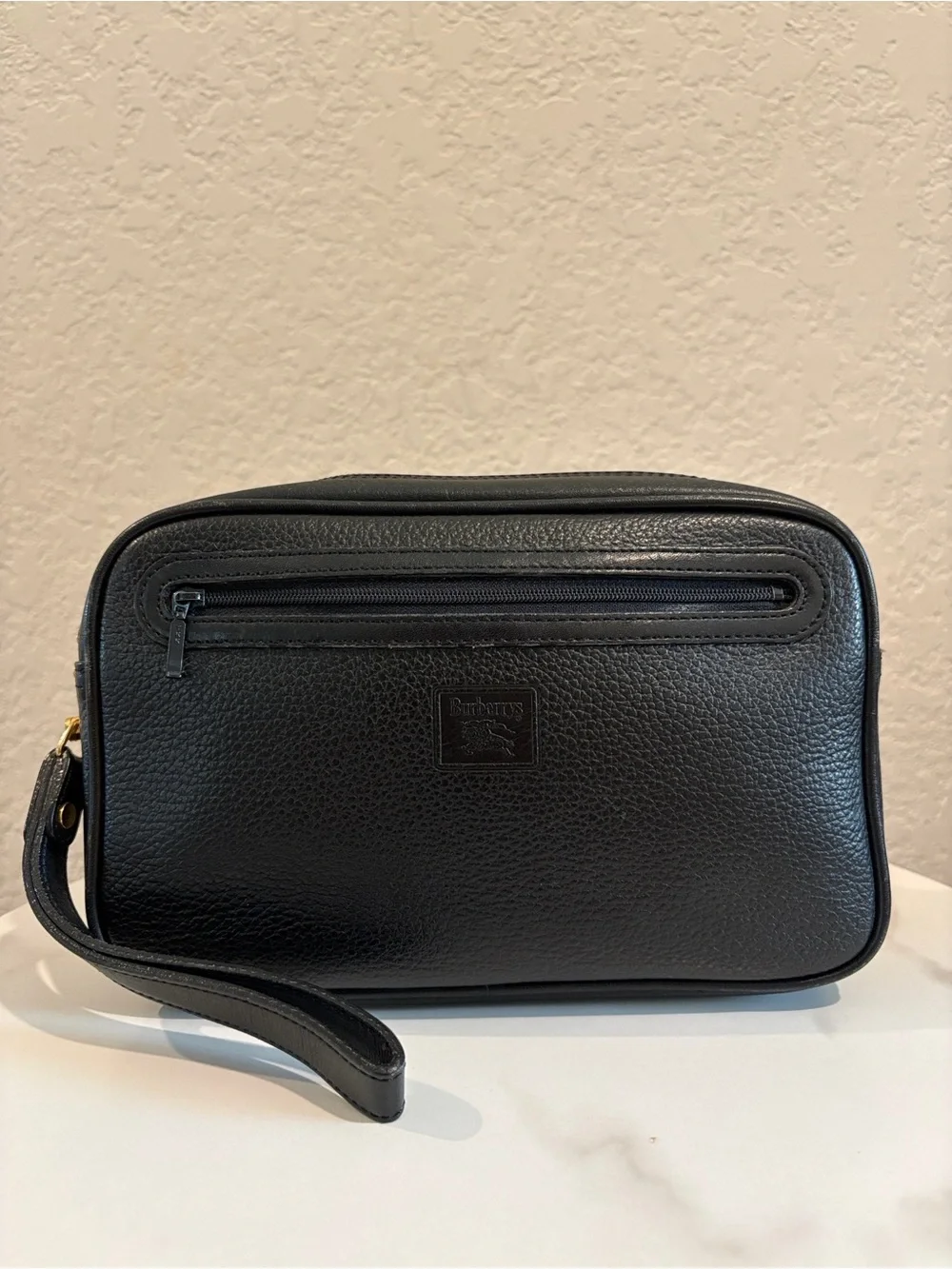 Burberry Vintage Black Pebbled Leather Toiletry Pouch with Wrist Strap